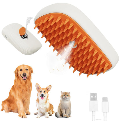 White and orange USB rechargeable pet steam brush with removable heads, shown with dogs and cat