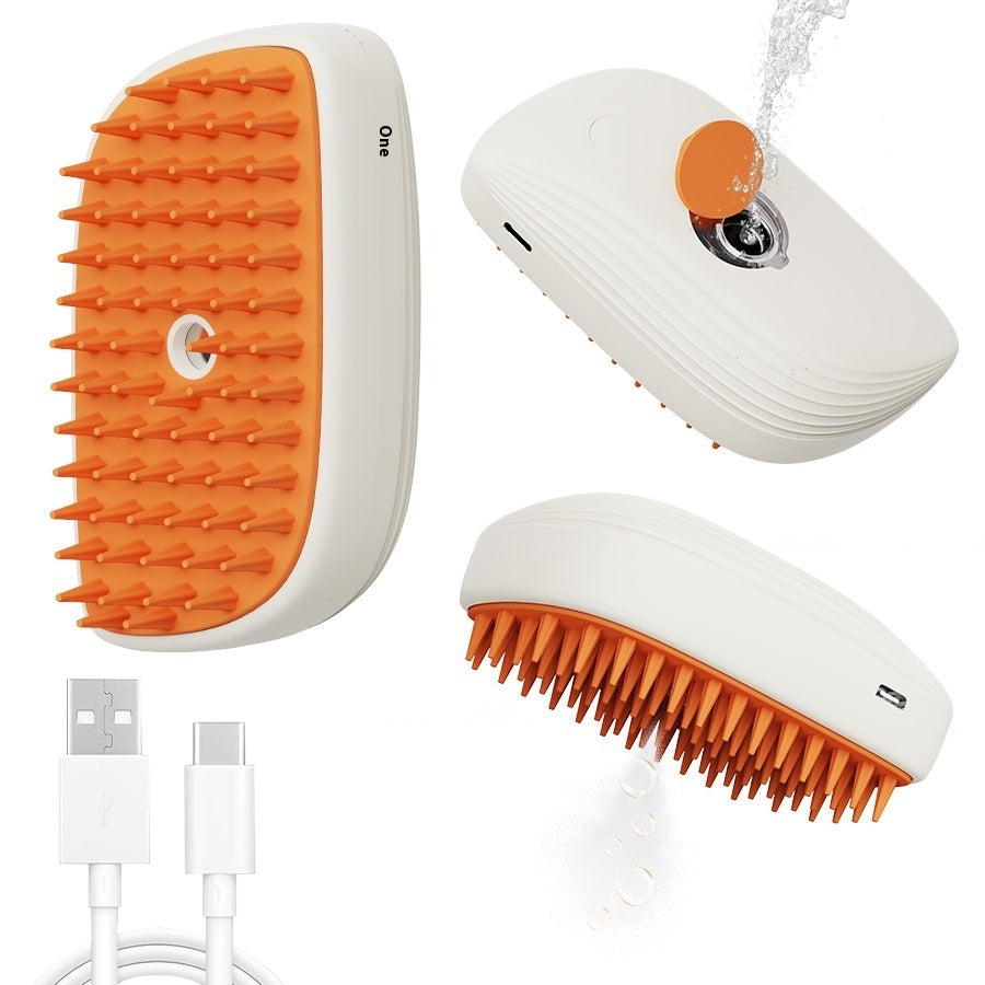 White and orange USB rechargeable pet grooming steam brush with removable brush heads and USB-C cable