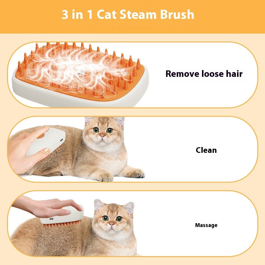 3 in 1 cat steam brush with removable orange brush heads for removing loose hair, cleaning, and massaging cat fur