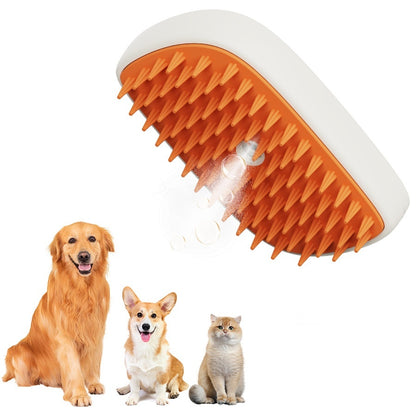 White and orange pet steam brush with silicone bristles, shown with golden retriever, corgi, and cat