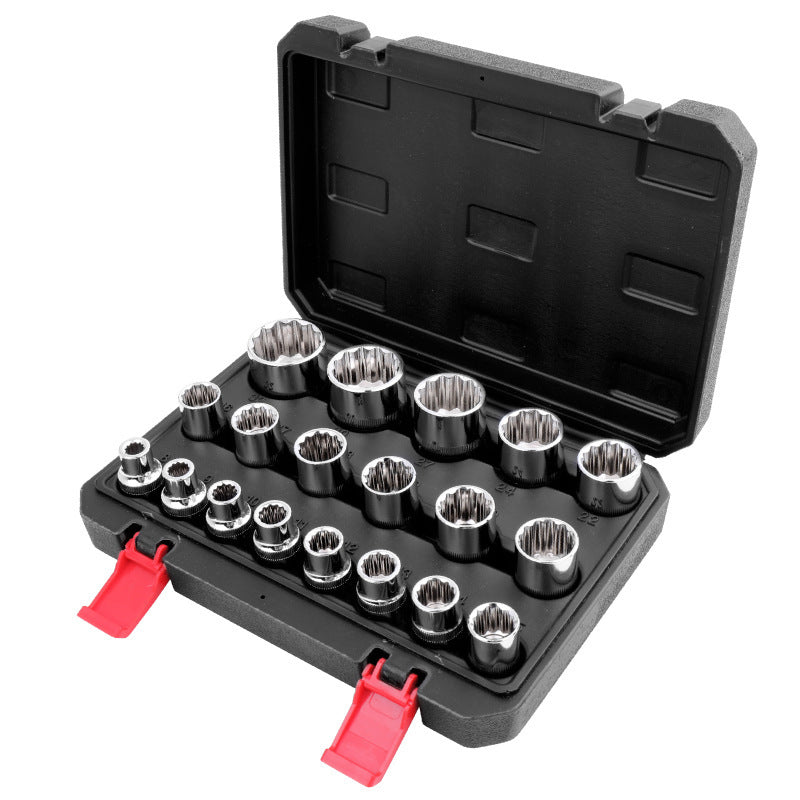 21-piece 12-point socket set in black case with red latches, chrome vanadium steel sockets