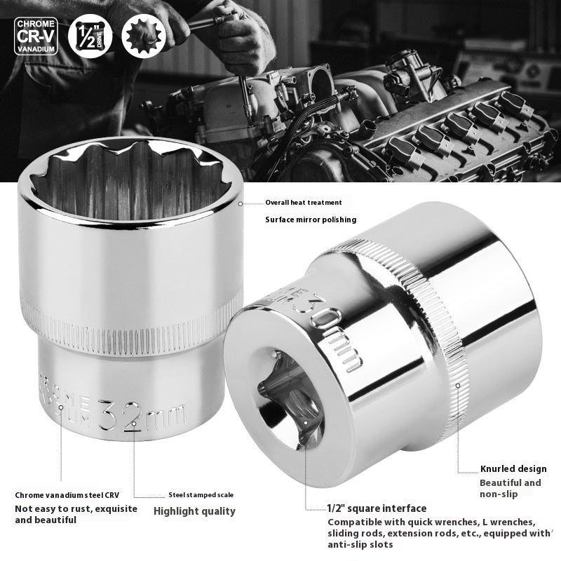 Close-up of 1/2 inch chrome vanadium steel socket set with knurled non-slip design and stamped sizes