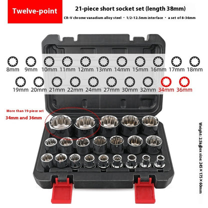 21-piece 12-point short socket set in black case, sizes 8-36mm, chrome vanadium steel