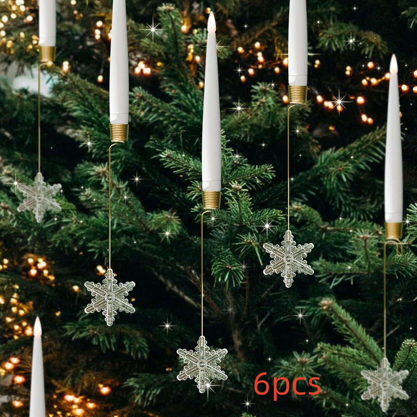 LED candle Christmas ornaments with hanging clear snowflake decorations on a green holiday tree