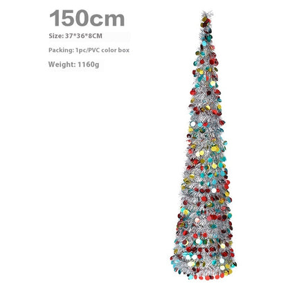 150cm tall silver tinsel Christmas tree decorated with colorful round confetti ornaments