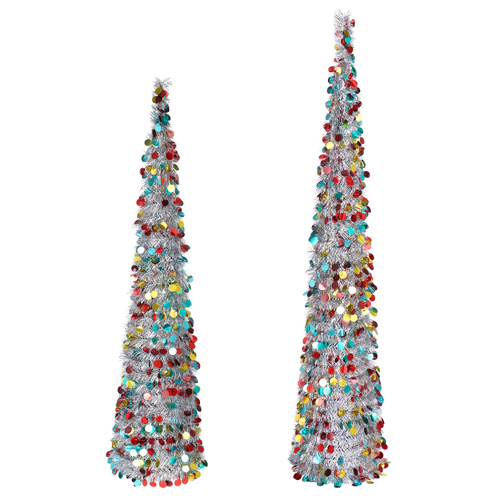 Tall slim silver Christmas trees decorated with colorful round confetti garlands