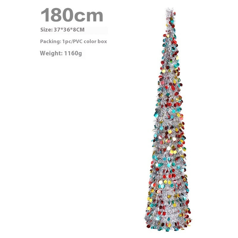 180cm slim silver tinsel Christmas tree decorated with colorful red, yellow, and blue sequins