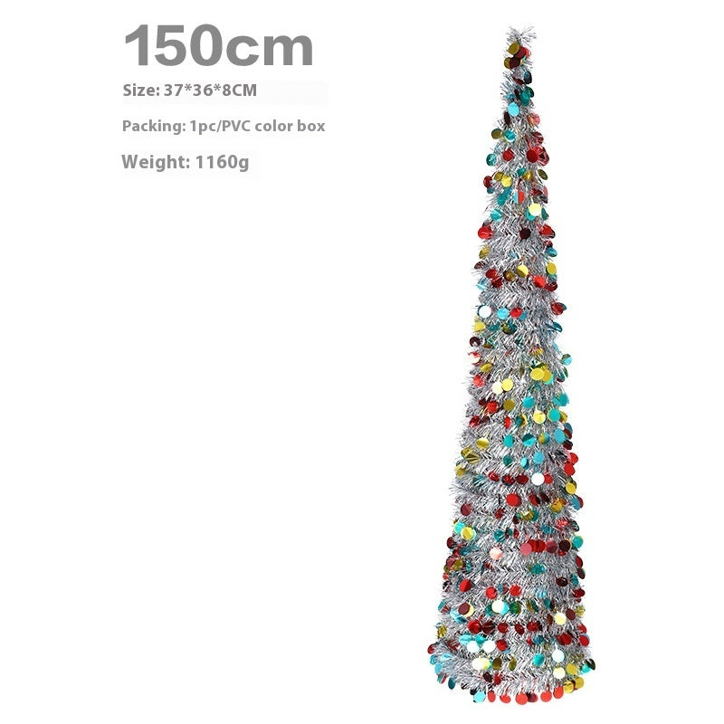 150cm silver Christmas tree cone decorated with colorful round confetti ornaments