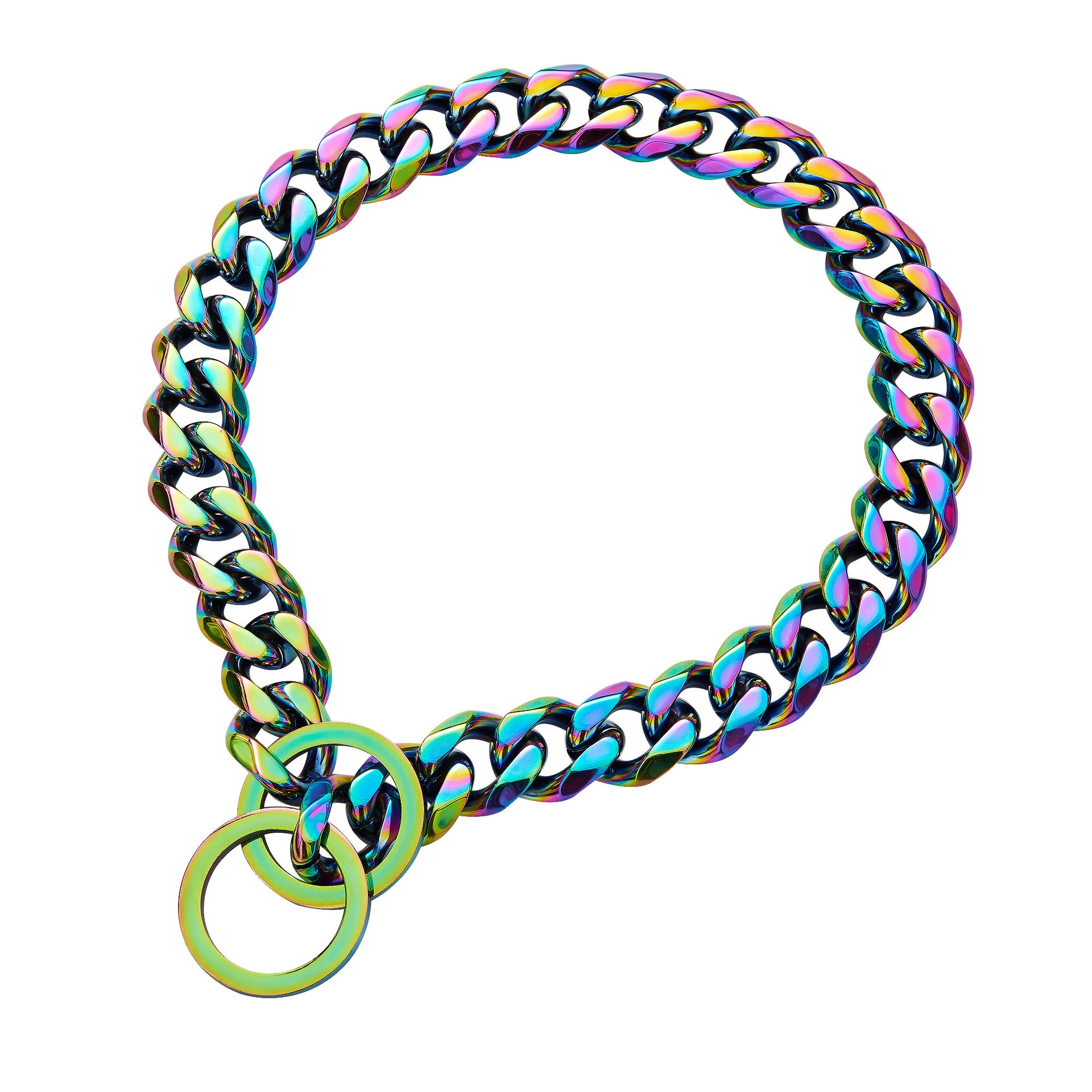 Rainbow-colored stainless steel dog collar chain with two attached rings on white background