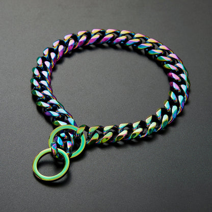 Rainbow stainless steel chain dog collar with two rings on dark background