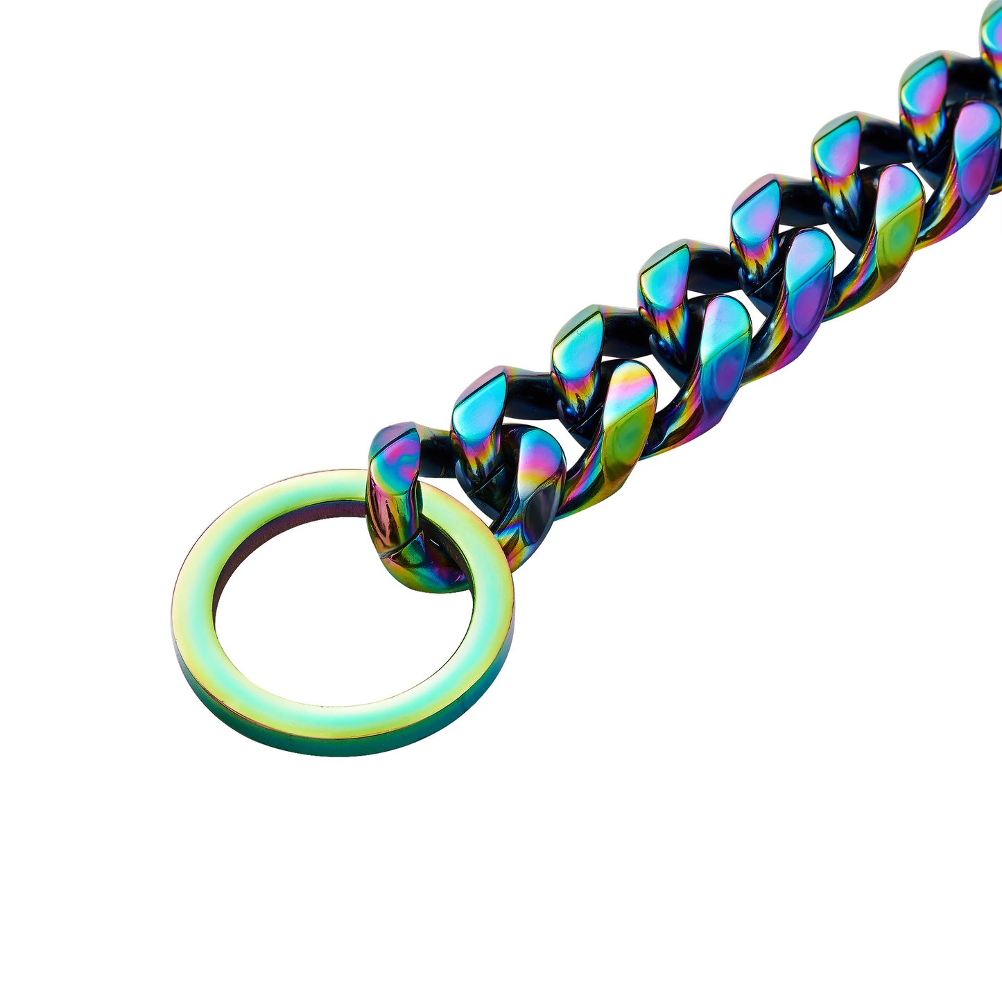 Close-up of a 15mm titanium steel chain dog collar with a rainbow iridescent finish