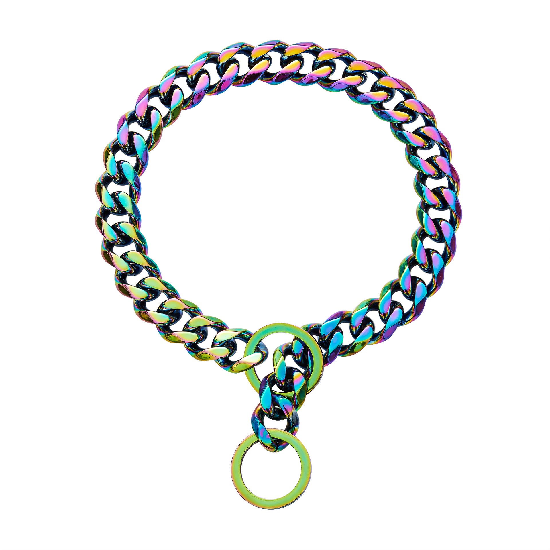 Iridescent stainless steel chain dog collar designed for large breeds with durable links and rings
