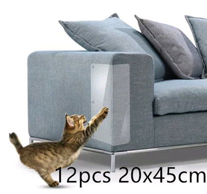 Cat scratching a grey sofa protected by a transparent claw guard panel to prevent furniture damage