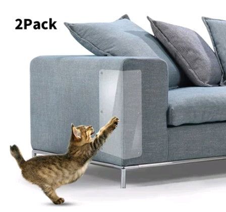 Gray sofa with clear PVC cat claw protector on armrest, kitten reaching to scratch, 2-pack