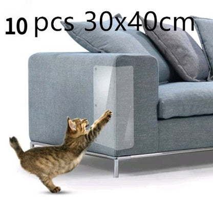 Cat scratching grey sofa protected by clear PVC corner guard protector, 30x40cm size