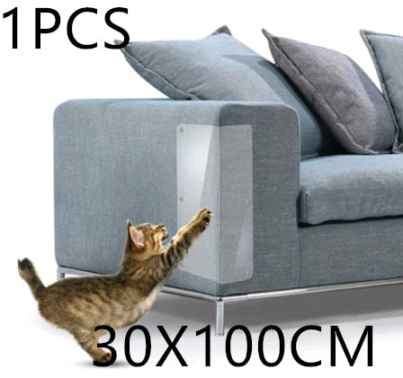 Tabby cat scratching blue fabric sofa arm protected by transparent PVC claw guard 30x100cm