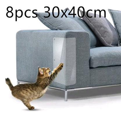 Clear PVC cat claw protector on gray sofa arm with a brown tabby cat scratching