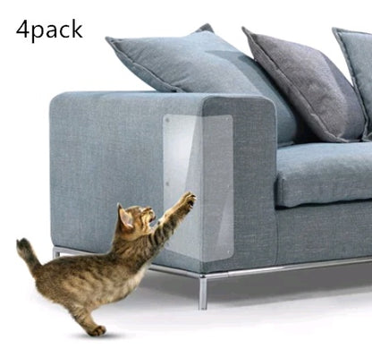 Cat claw protector clear PVC sofa corner guard on blue fabric couch arm with kitten scratching