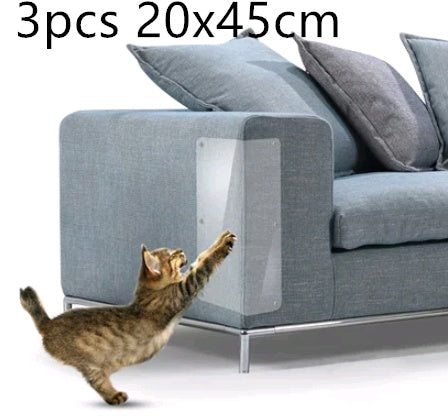 Tabby cat scratching blue sofa arm protected by clear PVC anti-scratch guard panel