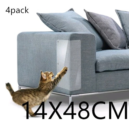 Cat claw protector clear PVC furniture guard on gray sofa corner with kitten scratching