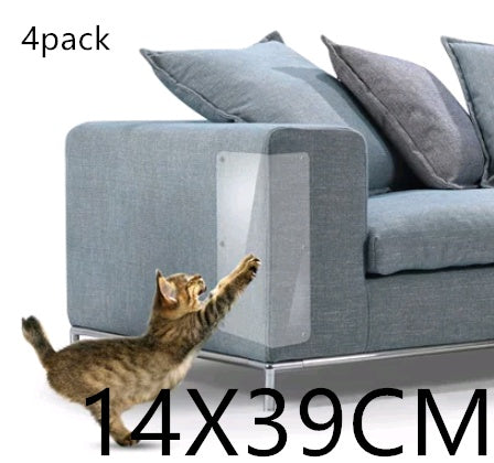 Cat claw protector clear PVC panel on blue sofa corner preventing scratches, kitten reaching