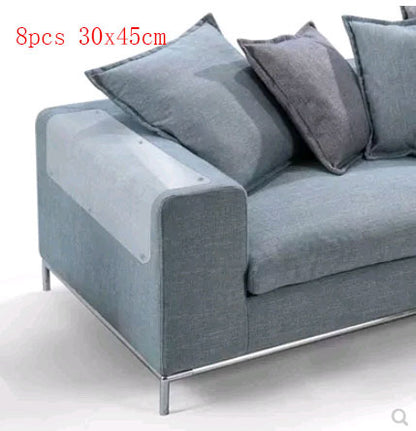 Grey sofa with clear PVC cat claw protector on armrest and cushions, 8pcs 30x45cm furniture guard