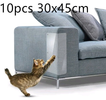 Cat claw protector clear PVC furniture guard applied on grey sofa arm to prevent scratches