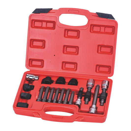 18-piece engine pulley removal tool kit in durable red plastic case with various metal attachments and sockets