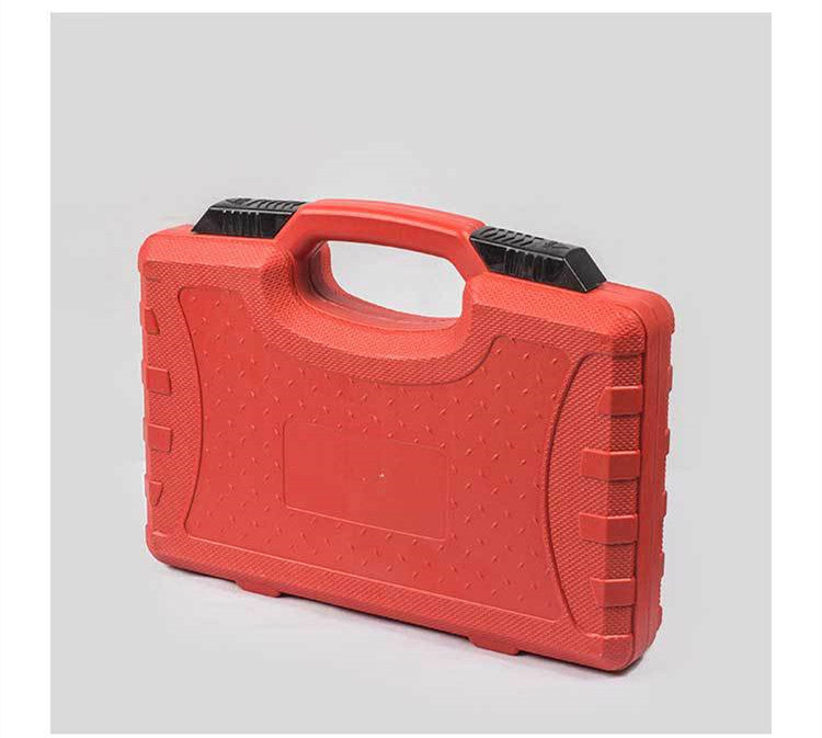 Red hard plastic carrying case with black latch handles for automotive pulley removal tool kit