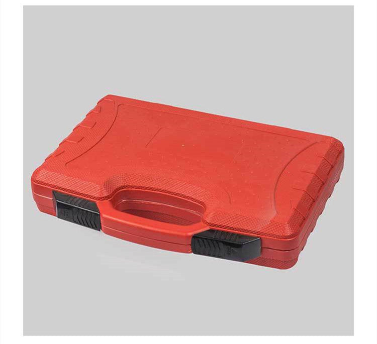 Red plastic carrying case with handle and black latches for 18-piece alloy pulley removal tool kit