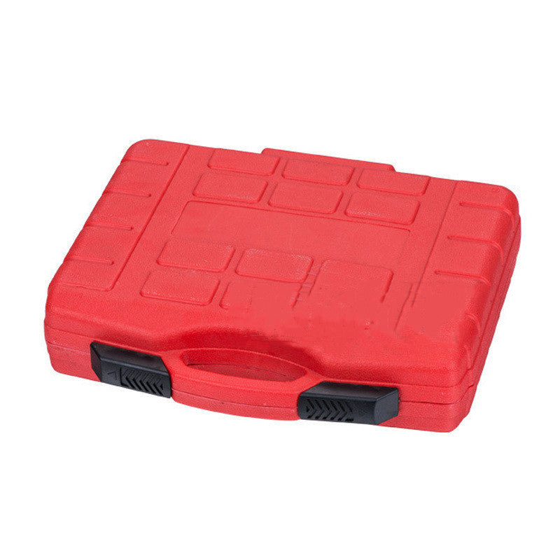 Closed red plastic tool case with black latches and handle for automotive pulley removal kit