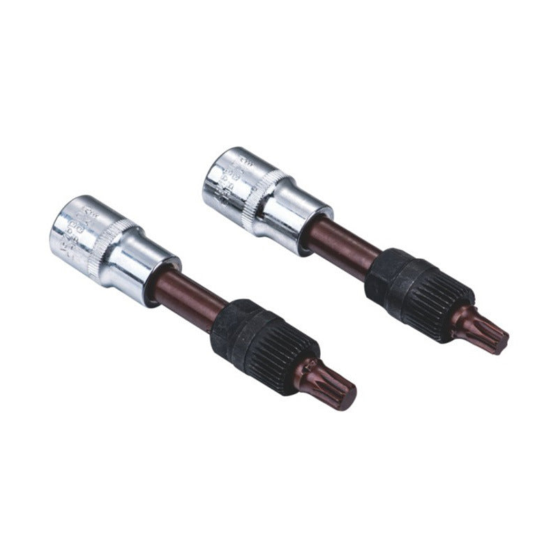 Two chrome and black alloy engine pulley removal tools with hex and star-shaped ends on white background