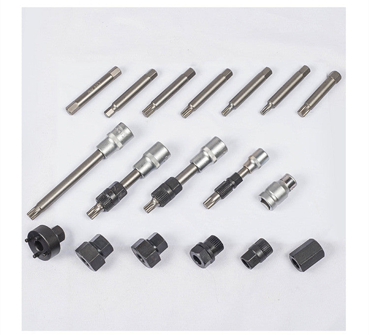 18-piece alloy engine pulley removal tool set with various metal sockets and adapters on white background