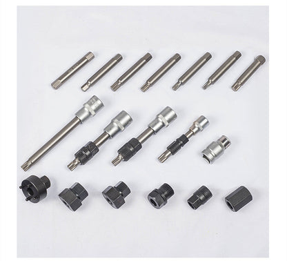 18-piece alloy engine pulley removal tool set with various metal sockets and adapters on white background