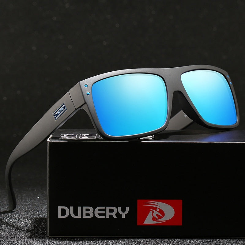 Dubery polarized sports sunglasses with blue reflective TAC lenses on black box