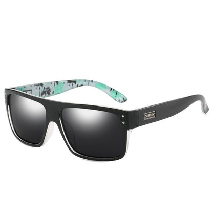 Black rectangular polarized sports sunglasses with DUBERY logo and mint camouflage inner arms