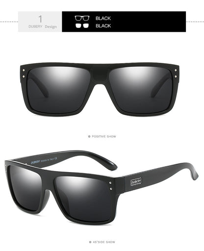 Black Dubery polarized sunglasses with square TAC lenses shown front and side view