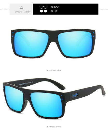 Black Dubery sports sunglasses with blue polarized TAC lenses shown front and 45° side view