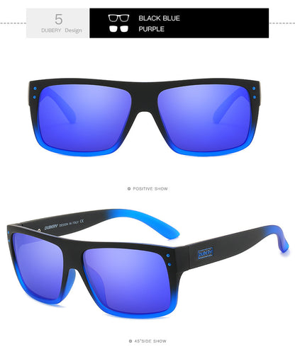 DUBERY black and blue polarized sports sunglasses with TAC lenses, front and side views