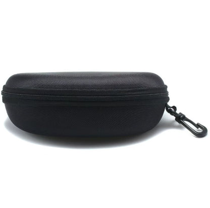 Black hard shell sunglasses case with zipper and carabiner clip for outdoor protection