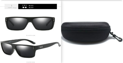 Black polarized sports sunglasses with TAC lens technology and matching black hard carrying case