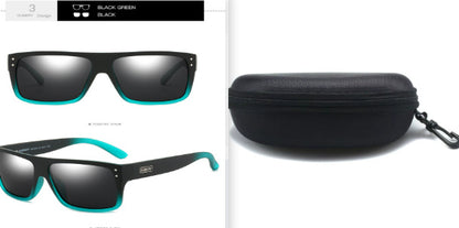 Black green polarized sports sunglasses with TAC lenses and black hard carrying case for outdoor adventures