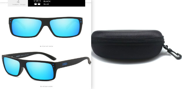 Black sports sunglasses with blue polarized TAC lenses and a black zippered carrying case