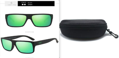 Black polarized sports sunglasses with green TAC lenses and a black carrying case with zipper and clip