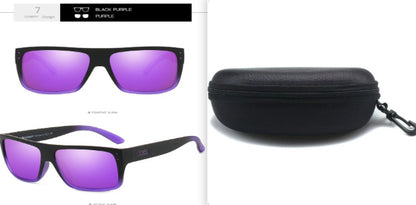 Black frame sports sunglasses with purple polarized TAC lenses and black zippered protective case