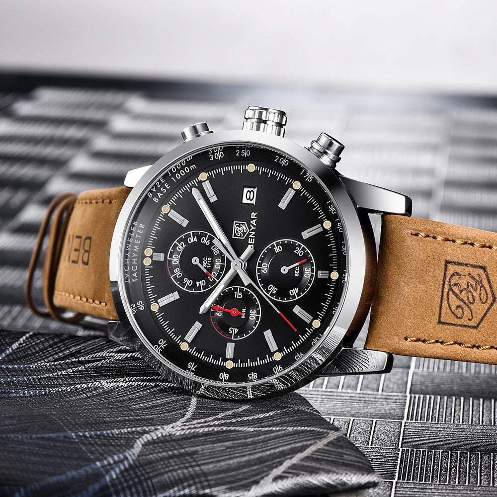 Men's BENYAR quartz chronograph watch with black dial and brown leather strap