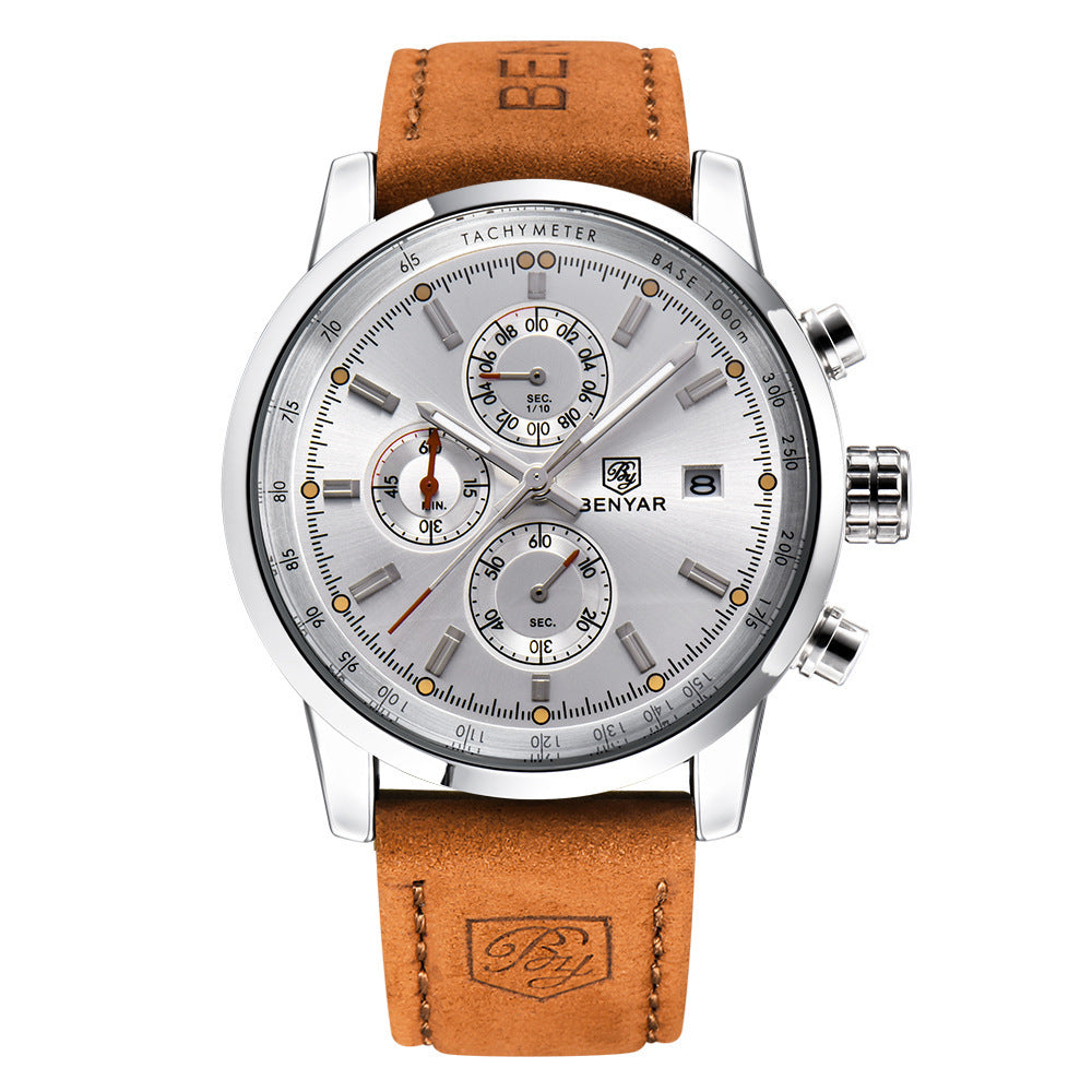 Benyar men's quartz watch with silver dial, brown leather strap, tachymeter, and chronograph subdials