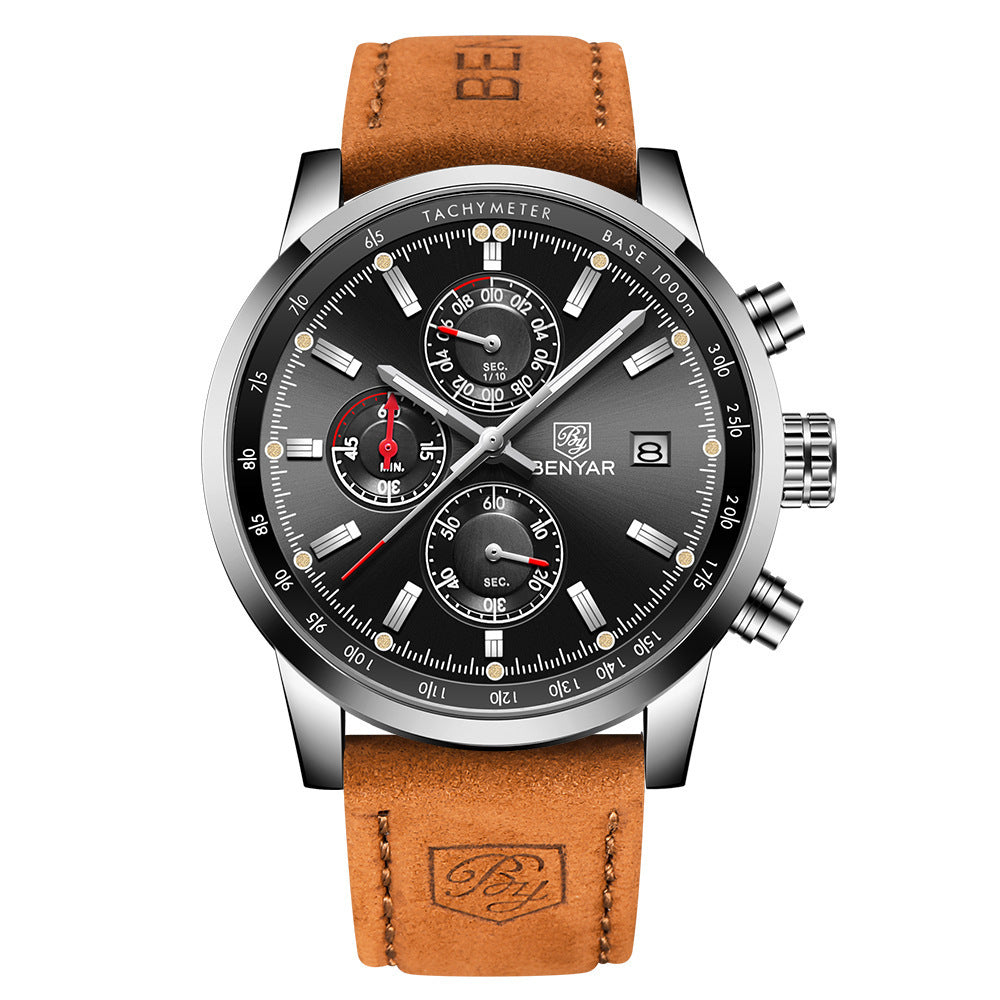 Benyar men's quartz chronograph watch with black dial and brown leather strap
