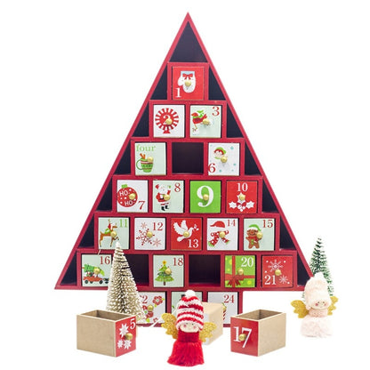 Wooden Christmas advent calendar shaped like a tree with numbered drawers and festive decorations