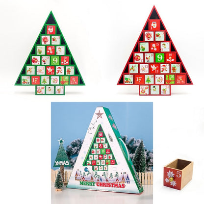 Set of two triangular wooden Christmas advent calendars with numbered drawers, festive holiday decorations